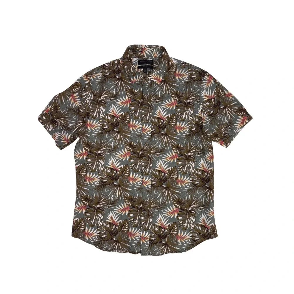 BANANA REPUBLIC Linen Shirt Mens M Green Tropical Camp Floral Slim Short‎ Sleeve